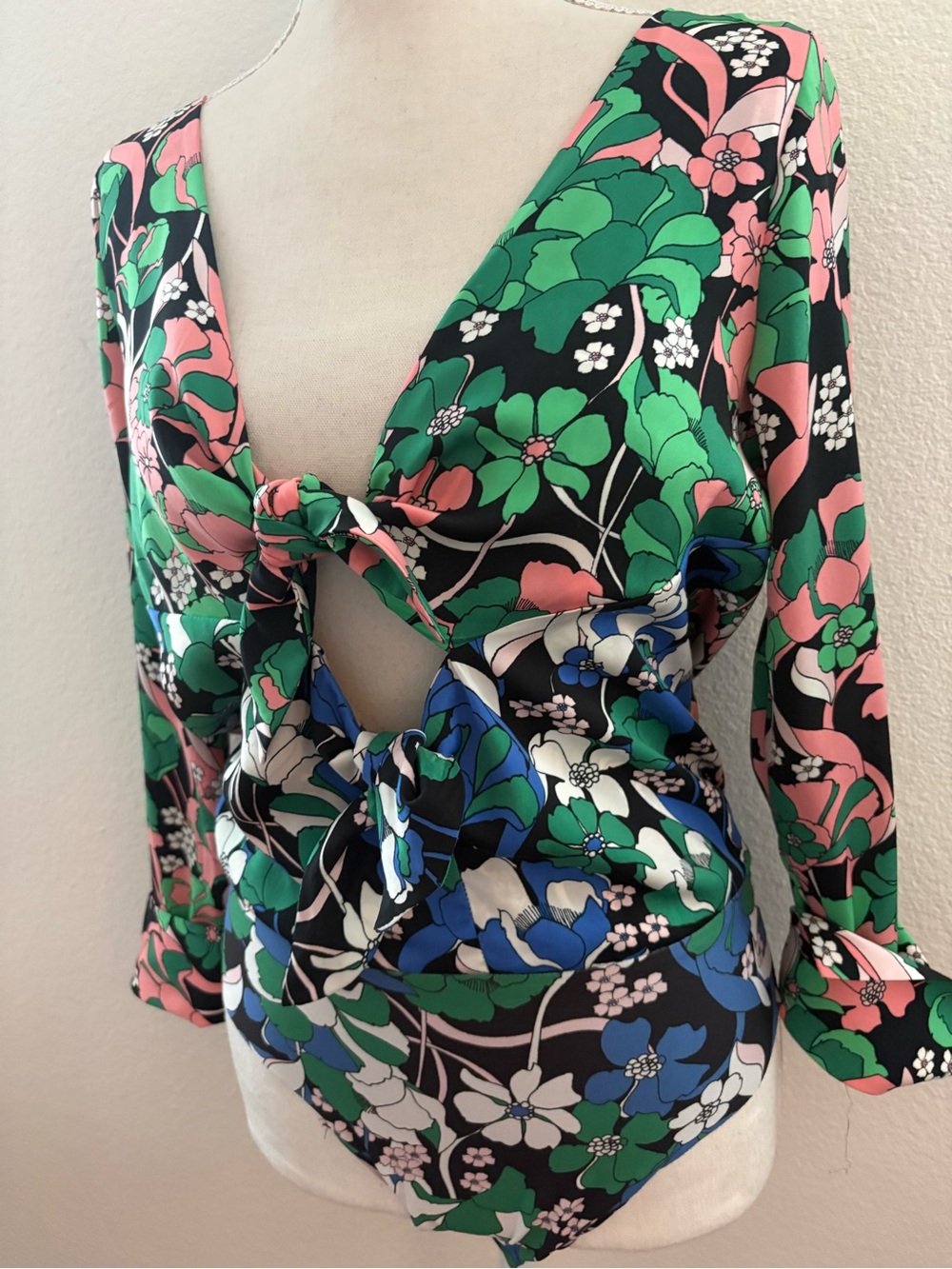 Zara Floral Tie-Front V-Neck Bodysuit in Black, Green & Pink